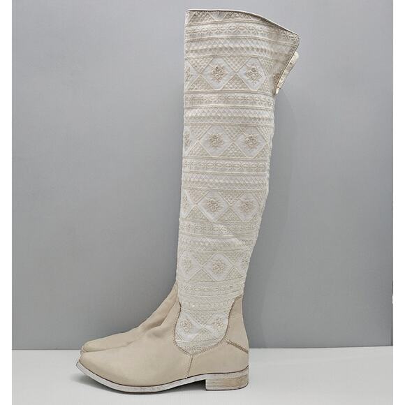 NEW Free People Bren Knee High Boot Womens EU 39 Cream Embroidered Boho Slouchy - Picture 1 of 16